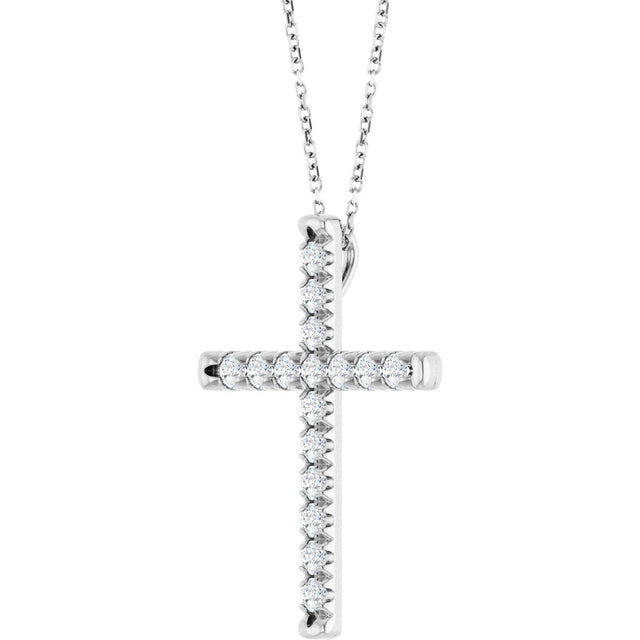 14K Gold Round Natural Diamond French-Set Cross Necklace or Pendant - White Gold - view 8