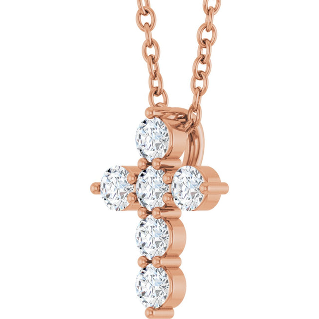 14K Gold Round Lab-Grown Diamond Accented Cross Necklace or Pendant – 1.8-2.4mm Stones - Rose Gold - view 11