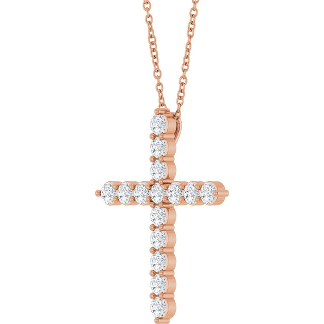 14K Gold Round Lab-Grown Diamond Accented Cross Necklace or Pendant – 1.8-2.4mm Stones - Rose Gold - view 11