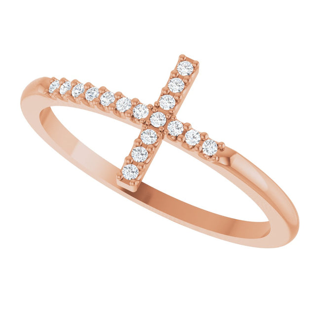 14K Gold Round Natural Diamond Sideways Cross Ring - Rose Gold - view 15