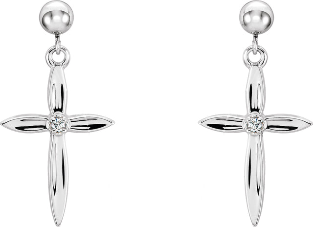 14K Gold Round Natural Diamond Cross & Ball Earrings II - White Gold - view 3