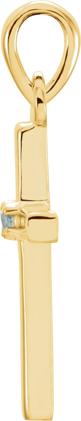 14K Gold Round Natural Aquamarine Birthstone Cross Pendant - Yellow Gold - view 6
