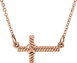 14K Gold Rope Sideways Cross Necklace - Rose Gold