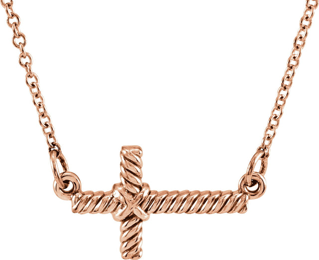 14K Gold Rope Sideways Cross Necklace - Rose Gold