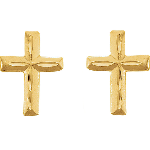 14K Gold Youth Diamond-Cut Cross Earrings - view 2