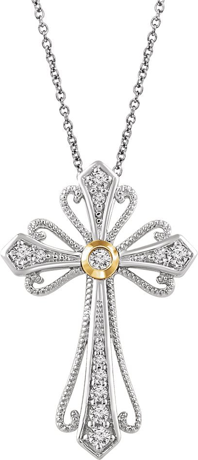 14K Gold Round Natural Diamond Beaded Cross Pendant - view 7