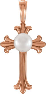 14K Gold Cultured White Freshwater Pearl Pearl Cross Pendant III - Rose Gold