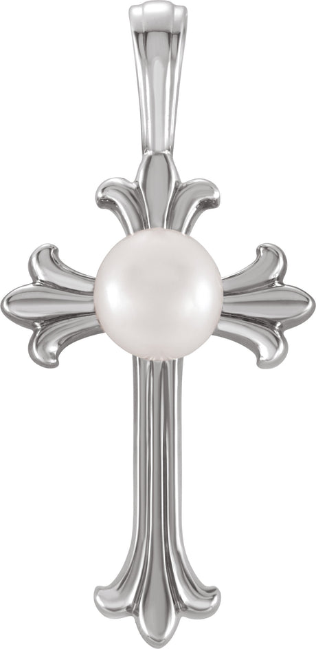 14K Gold Cultured White Freshwater Pearl Pearl Cross Pendant III - White Gold