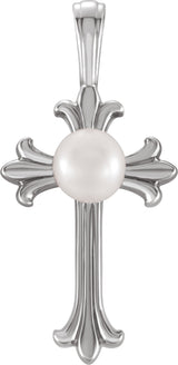 Platinum Cultured White Freshwater Pearl Pearl Cross Pendant