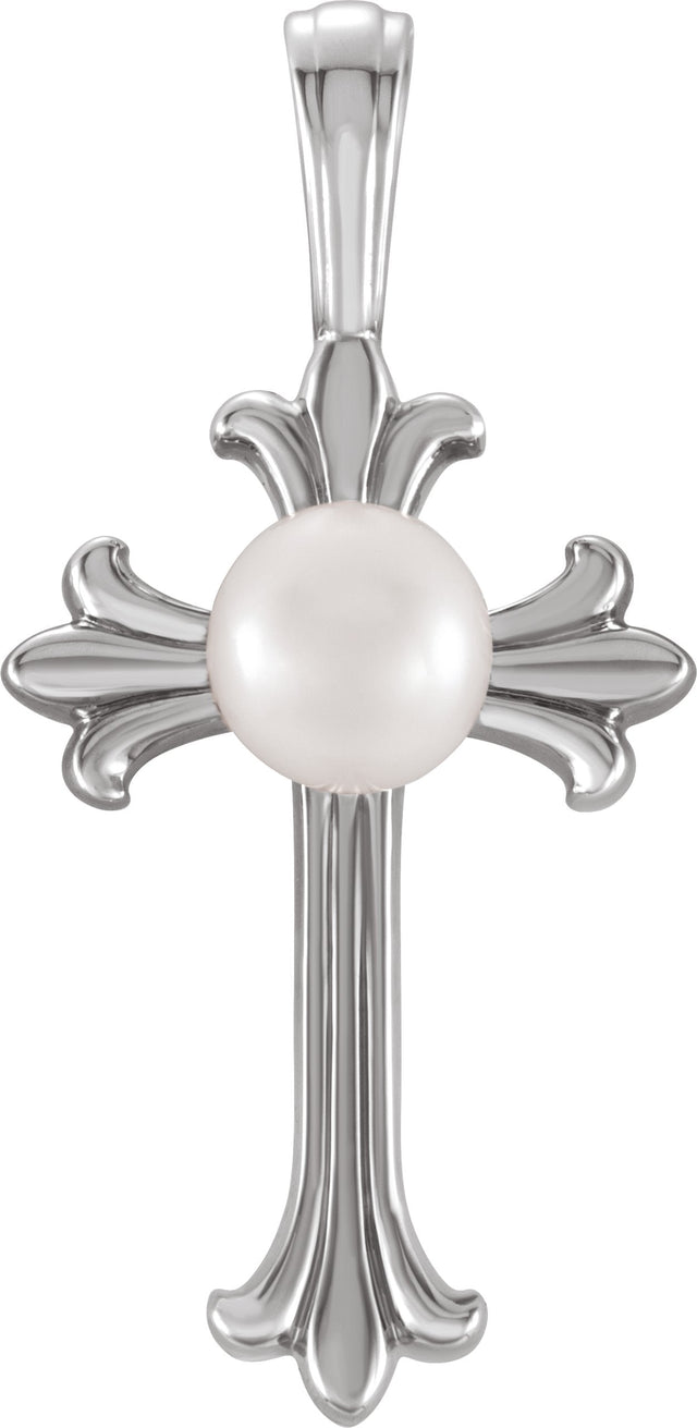 Platinum Cultured White Freshwater Pearl Pearl Cross Pendant