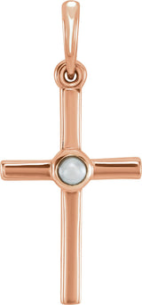 14K Gold Cultured White Freshwater Pearl Pearl Cross Pendant - Rose Gold