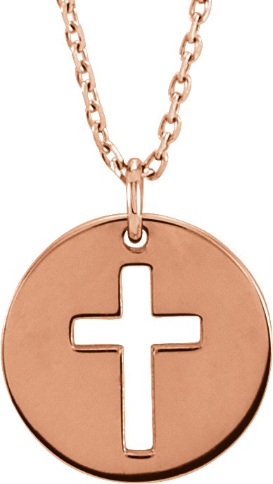 14K Gold Pierced Cross Disc Necklace – 12x12mm - Rose Gold
