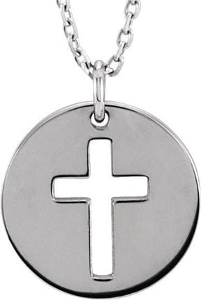 14K Gold Pierced Cross Disc Necklace – 12x12mm - White Gold