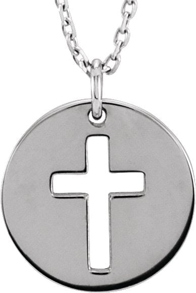 14K Gold Pierced Cross Disc Necklace – 12x12mm - White Gold