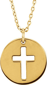 14K Gold Pierced Cross Disc Necklace – 12x12mm - Yellow Gold