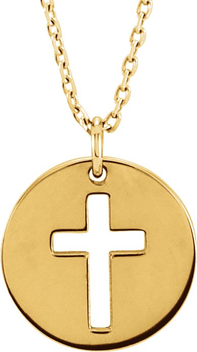 14K Gold Pierced Cross Disc Necklace – 12x12mm - Yellow Gold