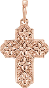14K Gold Ornate Floral-Inspired Cross Pendant - Rose Gold