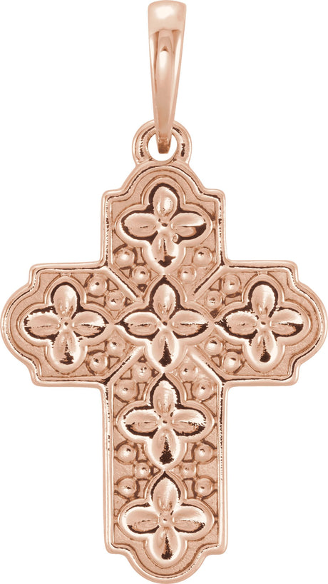 14K Gold Ornate Floral-Inspired Cross Pendant - Rose Gold