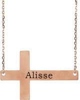 14K Gold Engravable Sideways Cross Necklace - Rose Gold