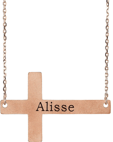14K Gold Engravable Sideways Cross Necklace - Rose Gold