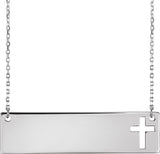 14K Gold Engravable Pierced Cross Bar Necklace - White Gold