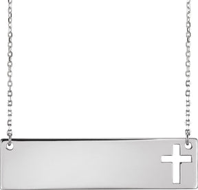 14K Gold Engravable Pierced Cross Bar Necklace - White Gold