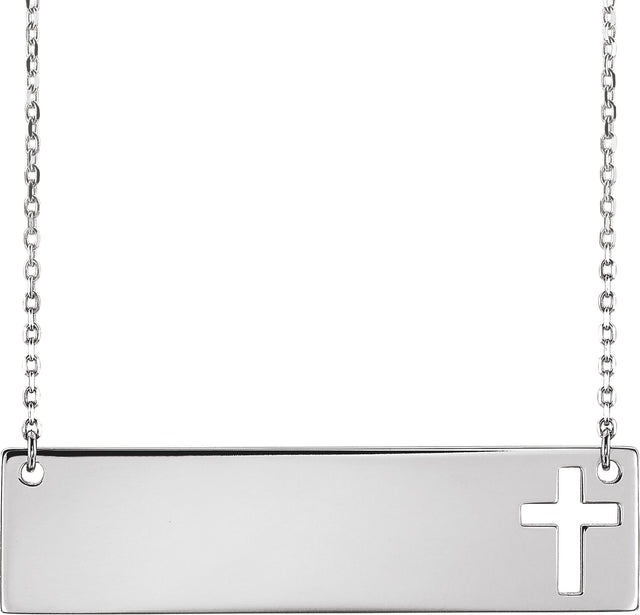 14K Gold Engravable Pierced Cross Bar Necklace - White Gold