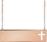 14K Gold Engravable Pierced Cross Bar Necklace - Rose Gold