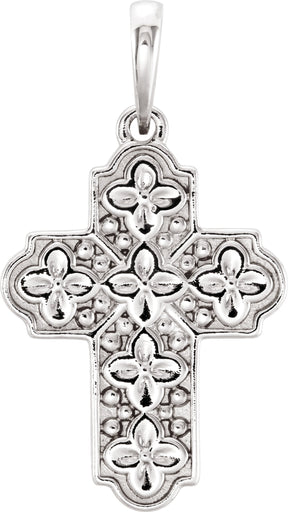 14K Gold Ornate Floral-Inspired Cross Pendant - White Gold