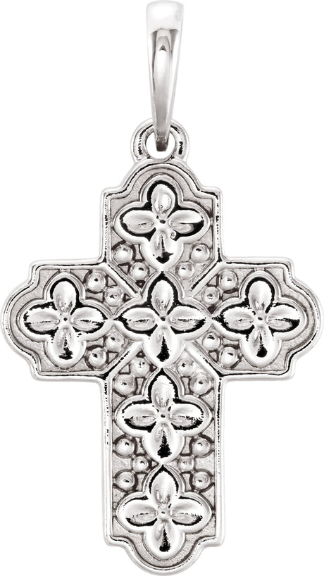 14K Gold Ornate Floral-Inspired Cross Pendant - White Gold