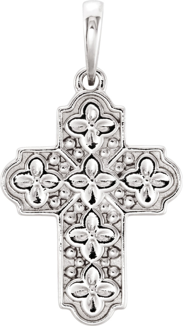 14K Gold Ornate Floral-Inspired Cross Pendant - White Gold