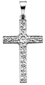 14K Gold Floral-Inspired Cross Pendant - White Gold
