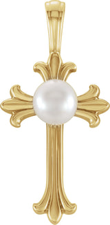 14K Gold Cultured White Freshwater Pearl Pearl Cross Pendant III - Yellow Gold