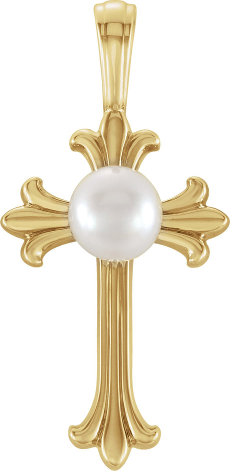 14K Gold Cultured White Freshwater Pearl Pearl Cross Pendant III - Yellow Gold