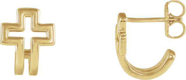 14K Gold Open Cross J-Hoop Earrings - Yellow Gold