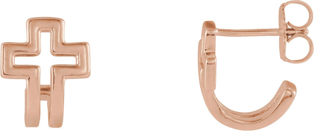 14K Gold Open Cross J-Hoop Earrings - Rose Gold