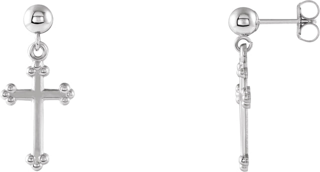 14K Gold Cross & Ball Earrings - White Gold