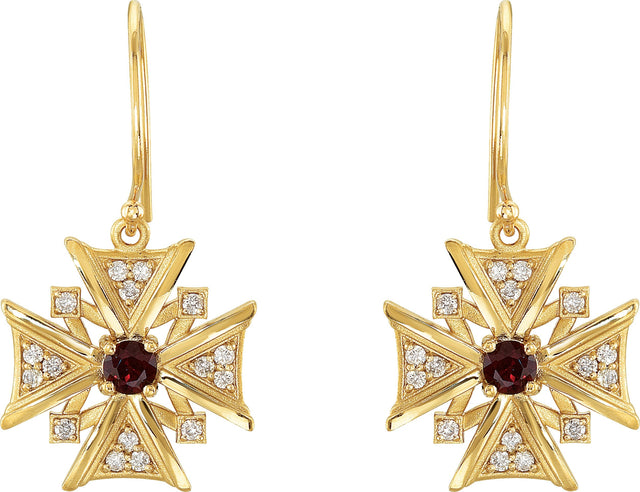 14K Gold Round Natural Mozambique Garnet & Natural Diamond Vintage-Inspired Cross Earrings - Yellow Gold - view 4
