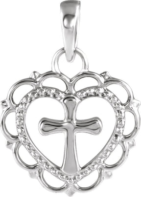 14K Gold Youth Heart with Cross Necklace or Pendant - White Gold