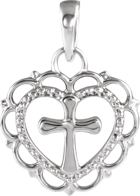 14K Gold Youth Heart with Cross Necklace or Pendant - White Gold