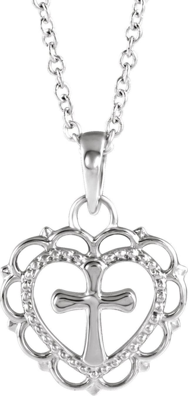14K Gold Youth Heart with Cross Necklace or Pendant - White Gold