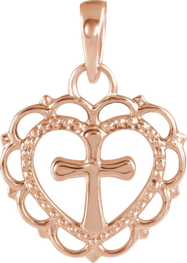 14K Gold Youth Heart with Cross Necklace or Pendant - Rose Gold