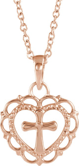 14K Gold Youth Heart with Cross Necklace or Pendant - Rose Gold