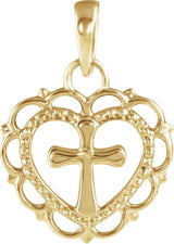 14K Gold Youth Heart with Cross Necklace or Pendant - Yellow Gold