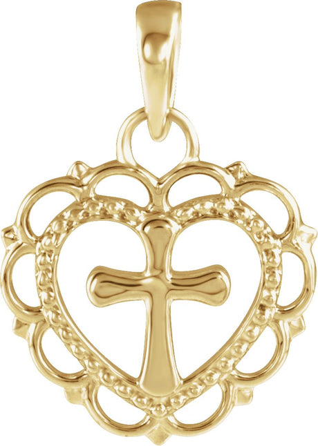 14K Gold Youth Heart with Cross Necklace or Pendant - Yellow Gold