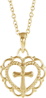 14K Gold Youth Heart with Cross Necklace or Pendant - Yellow Gold