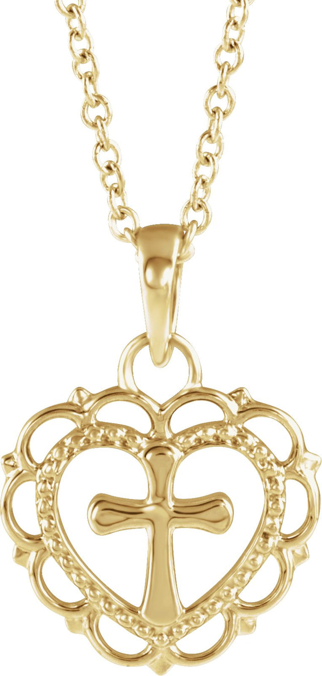 14K Gold Youth Heart with Cross Necklace or Pendant - Yellow Gold