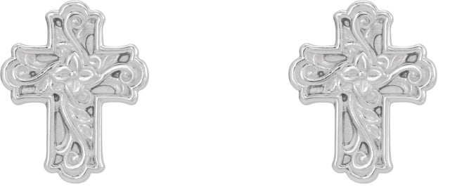 14K Gold Floral Cross Earrings - White Gold - view 2
