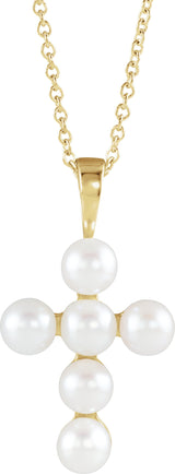 14K Gold Cultured White Freshwater Pearl Pearl Cross Necklace or Pendant - Yellow Gold