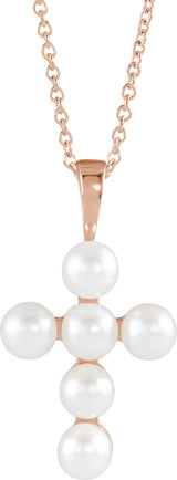 14K Gold Cultured White Freshwater Pearl Pearl Cross Necklace or Pendant - Rose Gold